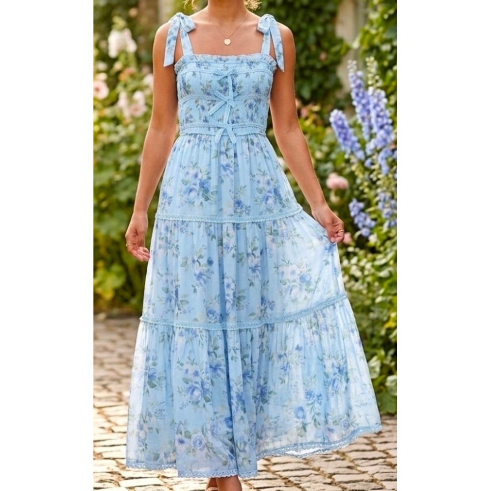 Blue Floral Smocked Tiered Maxi Dress Tie Shoulder Fairy Cottagecore Garden Sz S
